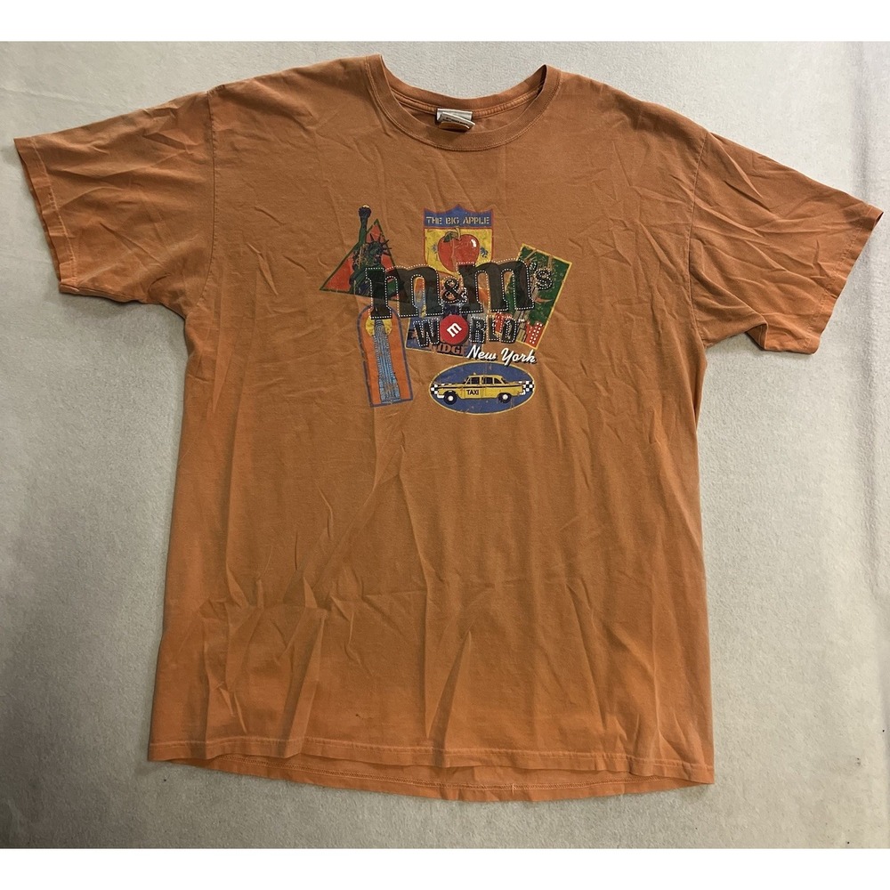 M&M's World Big Apple New York City T-Shirt Men's XL Orange Faded USA Vintage